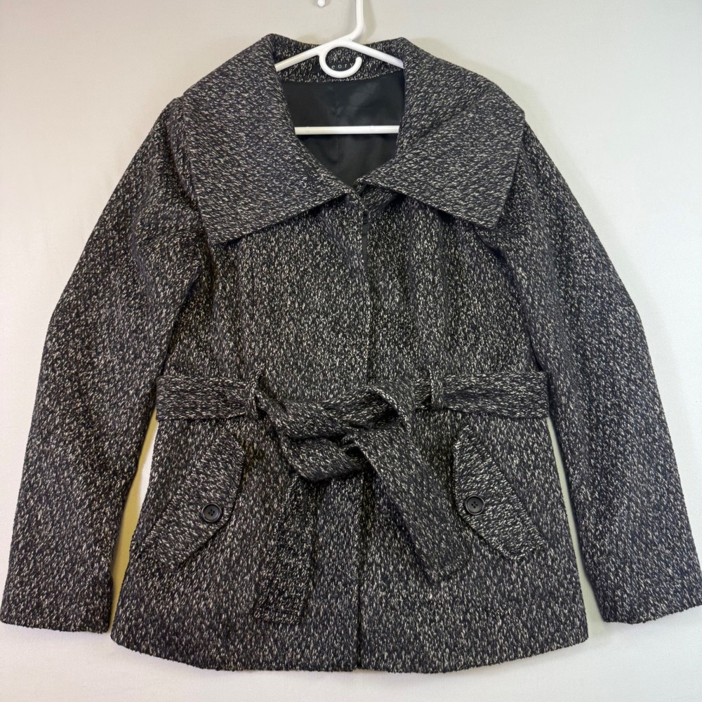 Theory Jacket Womens Large Black White Wool Silk Angora Blend Belted Peacoat EUC
